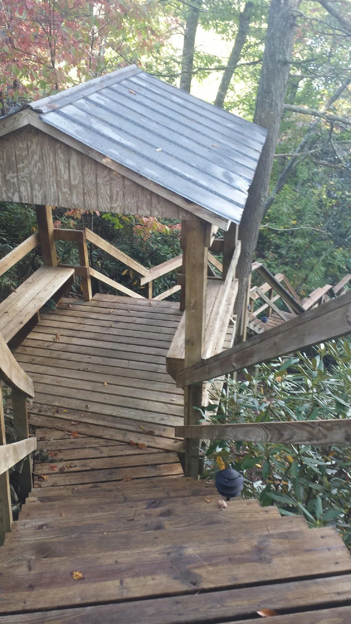 Metal roofed shelter over wooden steps on a wooded walkway — Skylight Repair & Installation work by our crew in Arrington